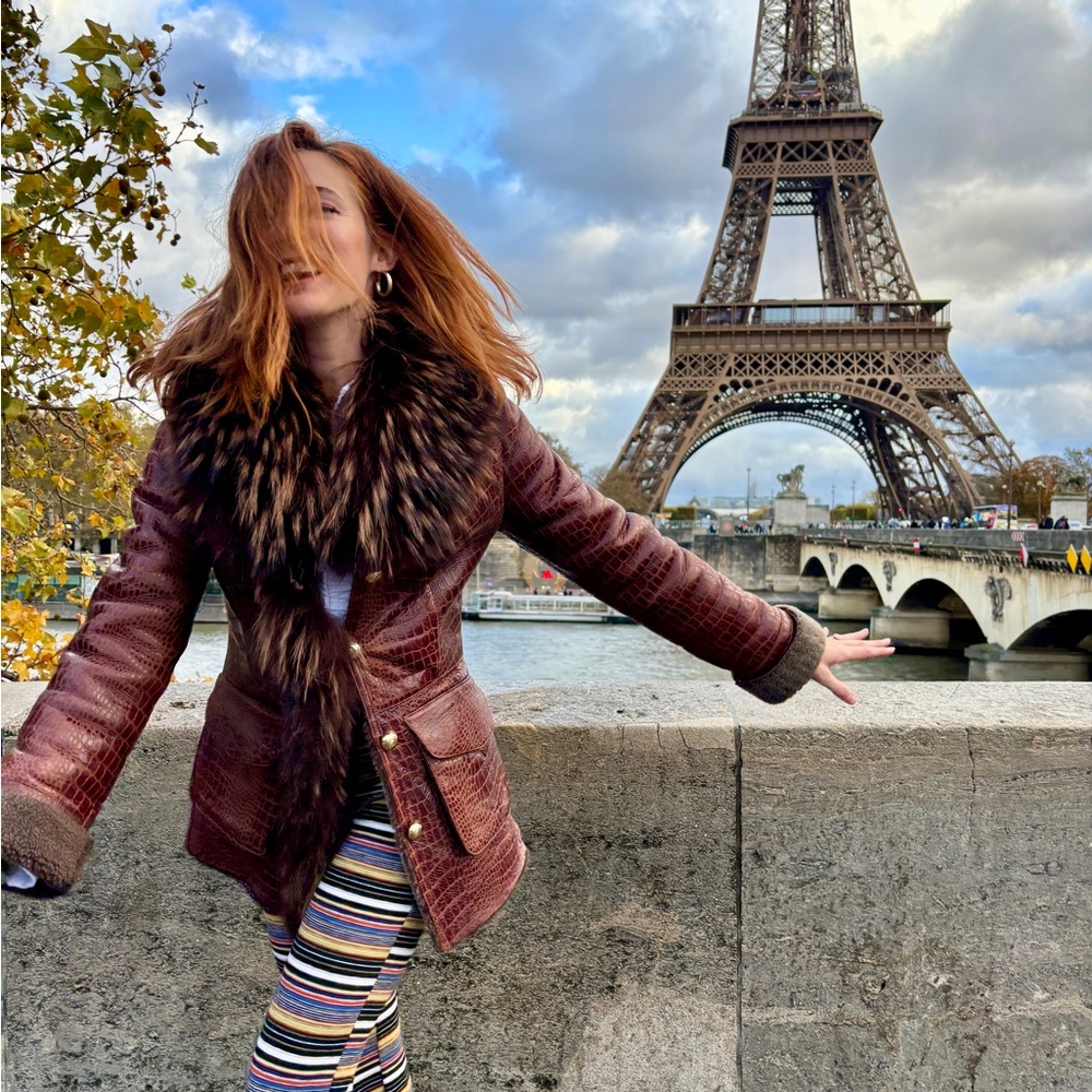 Statement Vintage Shearling Coat – Croc Embossed Leather & Fur Collar 60s / 70s